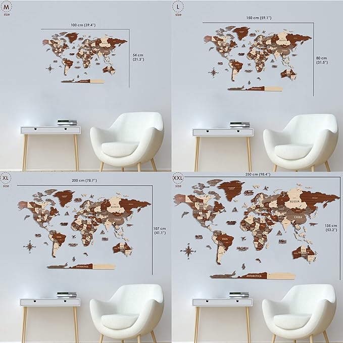 Colorfull Worlds, Multilayer 3D Wooden World Map, Travel Map States and Capitals, Wall Decor For New House, Gift For Travelers, Office Decor, Educational Activity for Children (M, Betül)