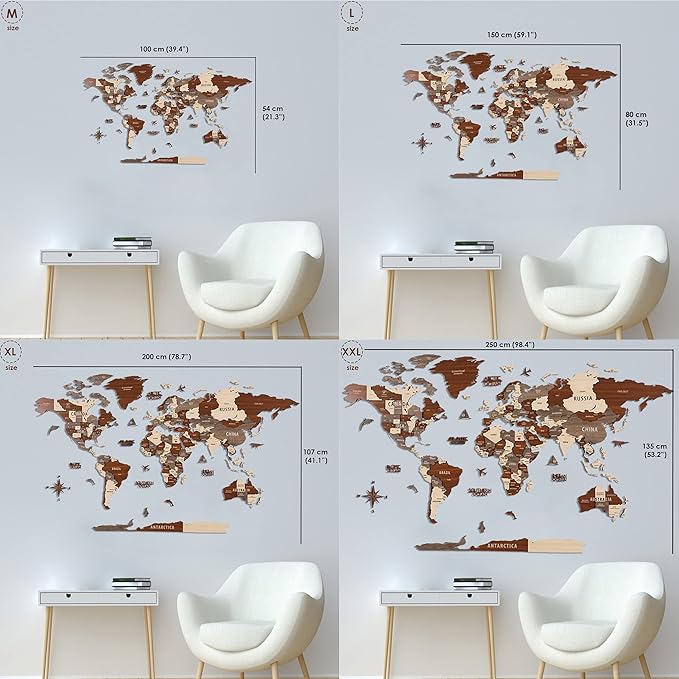 Colorfull Worlds, Multilayer 3D Wooden World Map, Travel Map States and Capitals, Wall Decor For New House, Gift For Travelers, Office Decor, Birthday Present, Living Room Decoration (XL, Light Brown)