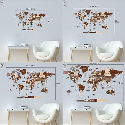Colorfull Worlds, Multilayer 3D Wooden World Map, Travel Map States and Capitals, Wall Decor For New House, Gift For Travelers, Office Decor, Birthday Present, Living Room Decoration (M, Light Brown)