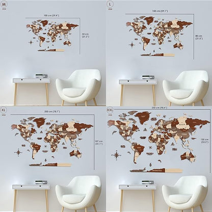 Colorfull Worlds, Multilayer 3D Wooden World Map, Travel Map States and Capitals, Wall Decor For New House, Gift For Travelers, Office Decor, Birthday Present,Living Room Decoration (L, Light Brown)