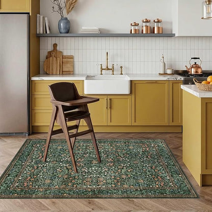 Rugxara 3x5 Rug for Entryway Bedroom, Green 3x5 Washable Area Rug, Vintage Retro Boho Throw Rug, Non Slip & Low Pile Small Carpet for Indoor Entry, Kitchen, Bedside, Living Room, Bathroom and Dining