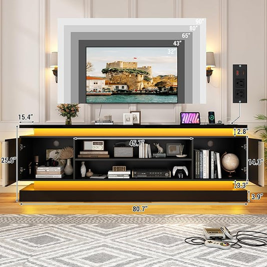 81" 2 LED TV Stand for TVs 90/85/75 inch,High Gloss Gaming Tall Entertainment Center w/Power Outlet,6000-Colors LED Lights,Modern TV Media Console Table with 2 Cabinets for Living Room,Black
