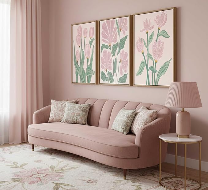 Framed 3 Pcs Pink Tulips Flowers Canvas Wall Art Boho Pink and Green Abstract Floral Botanical Paintings Pictures Wall Decor Poster Print Artwork for Living Room Bedroom Home Decoration