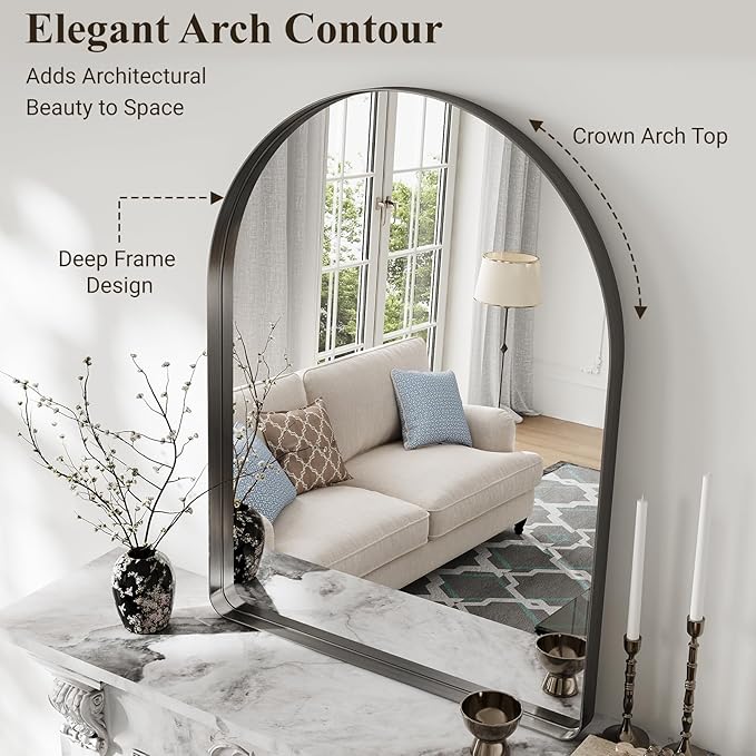Arched Bathroom Mirror, 36"x40" Black Mirror for Wall Mounted Vanity Mirror for Over Sink with Tempered Glass, Aluminum Alloy Deep Frame, Farmhouse for Bedroom, Entryway, Living Room