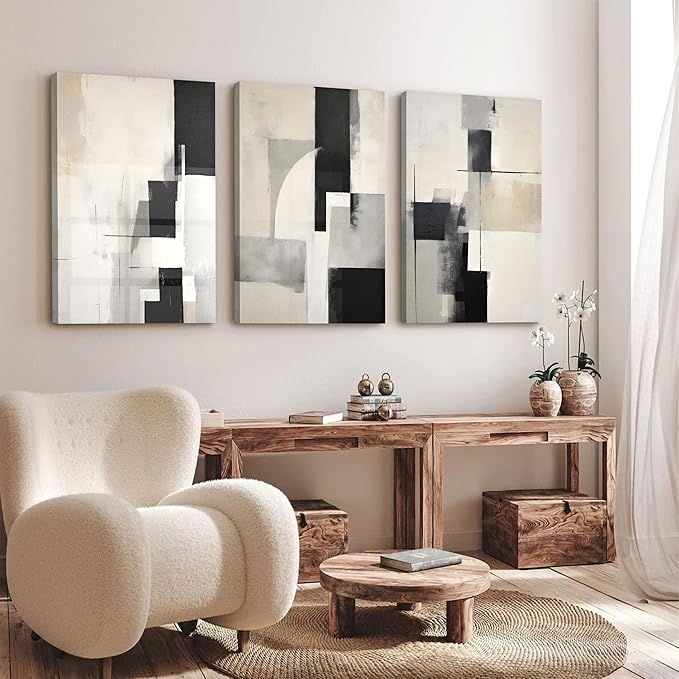 3Pcs Framed Neutral Abstract Canvas Wall Art Pictures Modern Minimalist Posters Prints Beige Black Brown Simple Wall Decoration for Living Room Bedroom Bathroom Office 12x16in