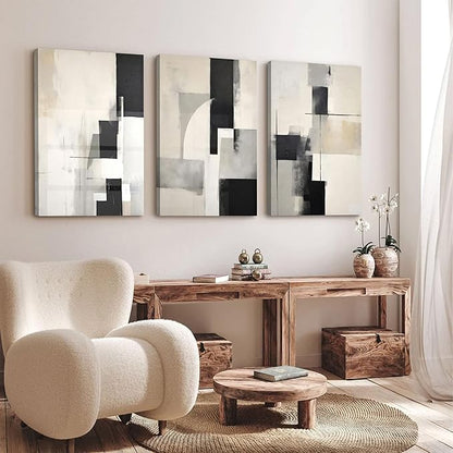 3Pcs Framed Neutral Abstract Canvas Wall Art Pictures Modern Minimalist Posters Prints Beige Black Brown Simple Wall Decoration for Living Room Bedroom Bathroom Office 12x16in