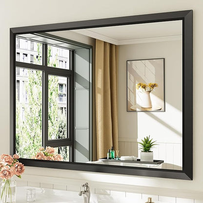 Briivue 48x36 Inch Black Bathroom Mirror for Wall, Thick Metal Framed Rectangle Mirrors for Over Sink, Bedroom, Living Room, Entryway, Anti-Rust, HD Tempered Glass
