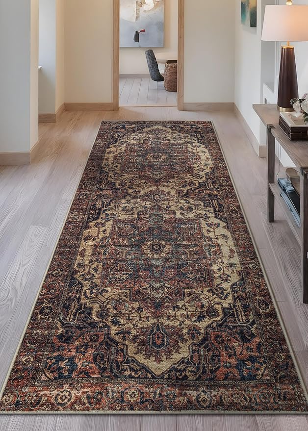 Bloom Rugs Washable 7 ft Runner - Beige/Terracotta Traditional Runner for Entryway, Hallway, Bathroom, and Kitchen - Exact Size: 2.5' x 7'