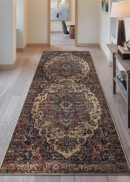 Bloom Rugs Washable 7 ft Runner - Beige/Terracotta Traditional Runner for Entryway, Hallway, Bathroom, and Kitchen - Exact Size: 2.5' x 7'