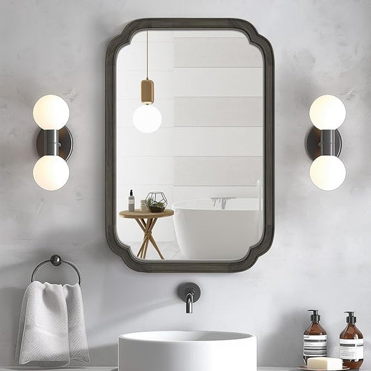 HOMECOOKIN Wood Bathroom Mirror for Wall Decor Arched Rounded Corner Rustic Wood Frame Wall Mirror Home Decorative for Vanity, Living Room, Bedroom, Entryway (20 x 30 inch, Black)