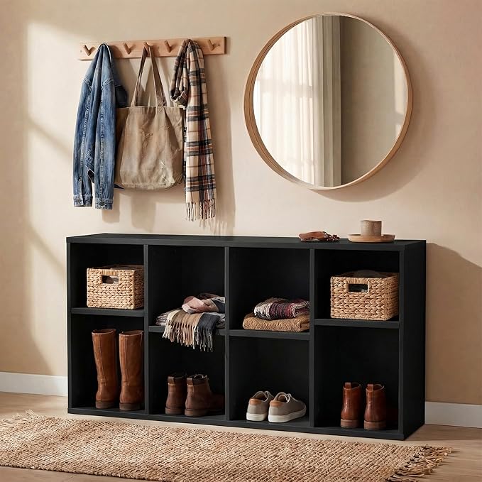 YESHOMY Modern TV Stand for Televisions up to 55 Inch, Mid Century Entertainment Center with 8 Open Shelves for 32/43/50/55 Inchs TVs, Media Console with Adjustable Shelves for Living Room, Black