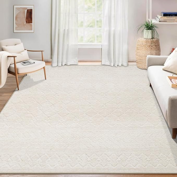 Area Rug for Living Room 6x9: Large Washable Boho Moroccan Rugs Geometric Neutral Rug, Non-Slip Foldable Morden Farmhouse Indoor Floor Carpet for Bedroom Dining Table Home(Modern Beige,6'x9')