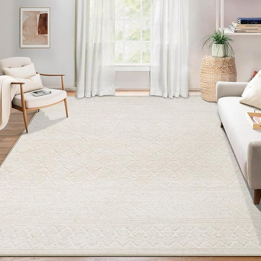 Area Rug for Living Room 6x9: Large Washable Boho Moroccan Rugs Geometric Neutral Rug, Non-Slip Foldable Morden Farmhouse Indoor Floor Carpet for Bedroom Dining Table Home(Modern Beige,6'x9')