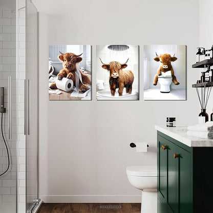 Funny Highland Cow Wall Art Set of 3, Rustic Farmhouse Bathroom Cow Pictures Wall Decor Painting, Brown Cute Cow Animal Canvas Posters Prints for Bathroom Restroom Home Decor Framed 12x16 Inch
