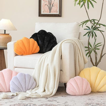 Shell Pillow, Seashell Throw Pillow with Soft Rabbit Plush for Couch Bed, Shell Shaped Decorative Ocean Pillow Stylish Beach Cushion Room Aesthetic Home Decor (Black, 18 X 13 Inches)