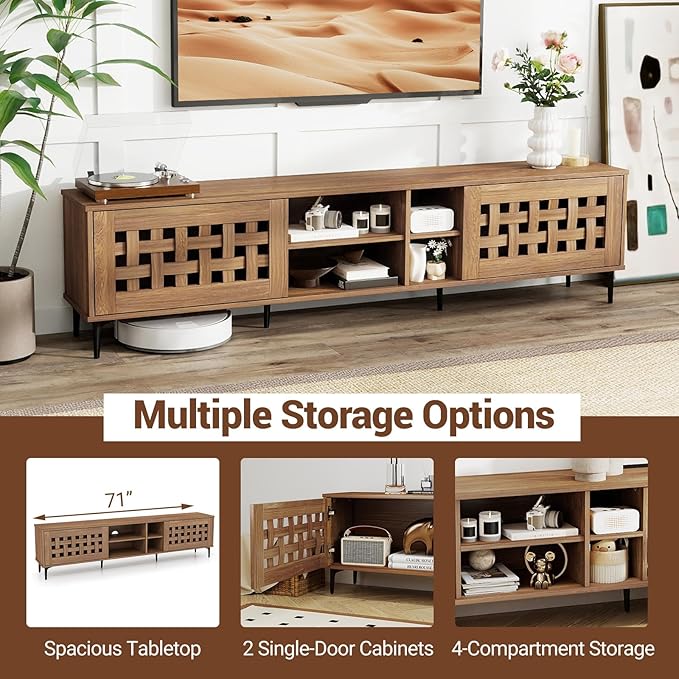 Giantex Mid Century Modern TV Stand for 60-80 Inch TV, Large Entertainment Center w/Storage Cabinet, Basket Weave Wooden Door & Open Compartment, Wood Media Console Table for Living Room Bedroom