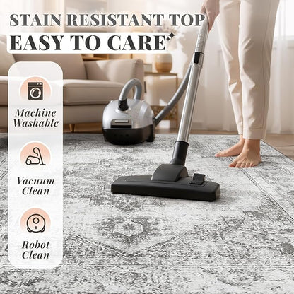 Area Rug 8x10 Vintage Rugs: Large Washable Indoor Medallion Rug Low Pile Distressed Floor Carpet Retro Accent Rugs for Living Room Bedroom Kitchen Dining Table Home Office(Grey, 8'x10')