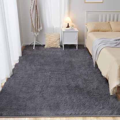 Puremy Fluffy Shag Area Rug, 4x6 Grey Rugs for Bedroom, Soft Plush Area Rugs for Living Room, Non-Slip Indoor Carpet for Nursery, Study Room, Dressing Room, Home Decor