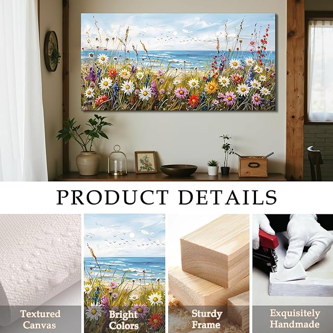 SERIMINO Oversized Wall Art, Flower Wall Art, Coastal Wall Decor, Beach Daisy Canvas Art Prints, Nature Landscape Large Painting, Floral Pictures for Living Room Dining Room Modern Farmhouse 29"x57"