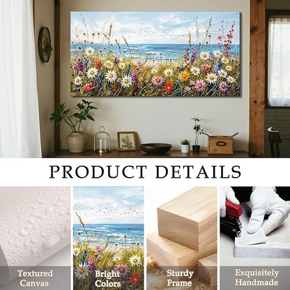 SERIMINO Oversized Wall Art, Flower Wall Art, Coastal Wall Decor, Beach Daisy Canvas Art Prints, Nature Landscape Large Painting, Floral Pictures for Living Room Dining Room Modern Farmhouse 29"x57"