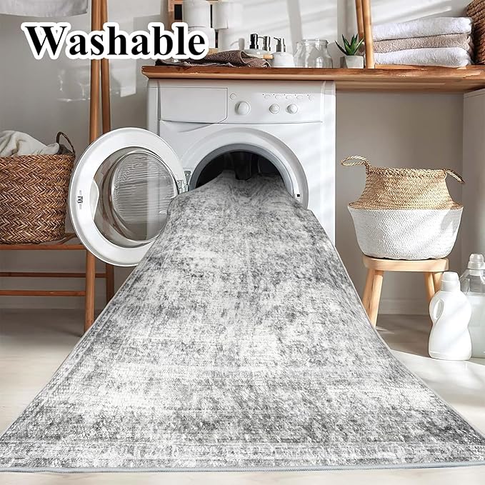 CHAMPLANT Area Rug 4x6 Washable Rug Gray Vintage Traditional Floor Cover Foldable Thin Retro Accent Indoor Distressed Non Slip Carpet Floral Print Mat Bedroom Living Room Bathroom