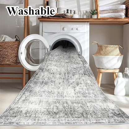 CHAMPLANT Area Rug 6x9 Washable Rug Gray Vintage Traditional Floor Cover Thin Rug Retro Kitchen Indoor Distressed Non Slip Carpet Floral Print Mat Living Room Bedroom Dining Room