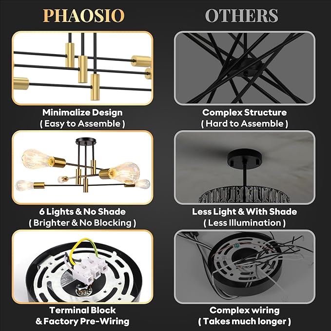 Modern Sputnik Chandelier Ceiling Light Fixtures, 6-Lights Mid Century Industrial Metal Semi Flush Mount Lamp for Bedroom Dining Room Living Room Kitchen Hallway Office-Black and Gold