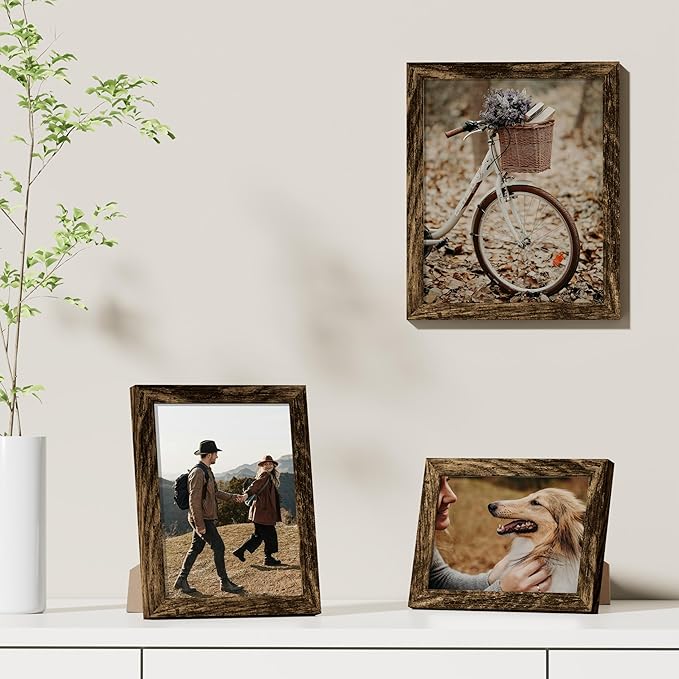 Vittanly 8x10 Picture Frames Set of 9, Shatter Resistant Plexiglass, Display 5x7 Pictures with Mat or 8x10 without Mat, Photo Frames for Wall or Tabletop, Engineered Wood, Brown