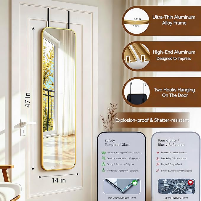NARCISSUS 47x14 Mirror Door Hanging Full Length,Over Door or Wall Mounted Aluminum Alloy Frame Tempered Glass Rectangle Full Body Mirrors for Bedroom Dressing Living Room Bathroom 47 inch Gold
