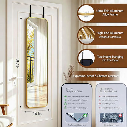 NARCISSUS 47x14 Mirror Door Hanging Full Length,Over Door or Wall Mounted Aluminum Alloy Frame Tempered Glass Rectangle Full Body Mirrors for Bedroom Dressing Living Room Bathroom 47 inch Gold