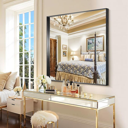 CIRCUMI Black Bathroom Mirror, 36"x40" Rectangular Mirror with Deep Metal Frame, Brushed Finish, Tempered Glass, Mirror for Wall, Oversink, Bedroom, Installed Vertically/Horizontally, Crystal-Clear