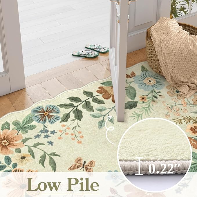 Lahome Floral Washable Round Area Rug, Round Rug 5ft Soft Non-Slip, Non-Shedding Boho Circle Carpet for Bedroom Living Room Bathroom Nursery Kitchen Flore, Beige