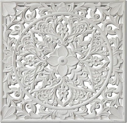 XIAOAIKA Boho Carved Wood Wall Sculpture, Intricate Floral Mandala Design with Distressed White Finish, Vintage Farmhouse Wall Art Panel with Solid Wood Frame for Bedroom Entryway (22" x 22")