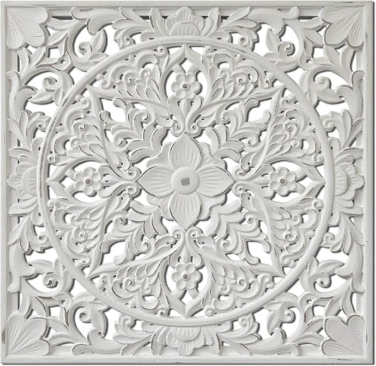 XIAOAIKA Boho Carved Wood Wall Sculpture, Intricate Floral Mandala Design with Distressed White Finish, Vintage Farmhouse Wall Art Panel with Solid Wood Frame for Bedroom Entryway (22" x 22")