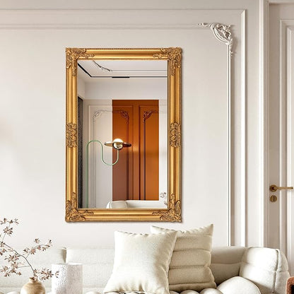TRAHOME 24"x36" Vintage Gold Baroque Wall Mirror, Ornate Antique Style Decorative Mirror for Entryway, Living Room, Fireplace Mantel, Hallway