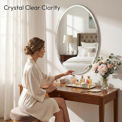 24x36 Inch Oval Frameless Bathroom Mirror with Solid Backing, Large Beveled Vanity Wall Mirror for Over Sink, Modern Mirror for Double Vanity, Entryway