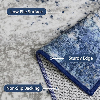 GENIMO 4x6 Area Rugs for Living Room, Non Slip Machine Washable Modern Indoor Rug, Low Pile Lightweight Blue Print Rug for Bedroom Dining Room Home Office, Blue Ivory