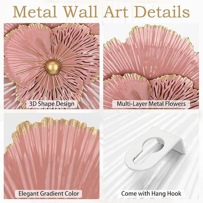 DILATATA 3 Pcs Metal Flower Wall Art Set 10 Inch Rustic Modern Floral Sculpture 3D Metal Flower Wall Hanging Accent for Indoor Living Room Bedroom Kitchen Bathroom Garden Patio Decor - Pink