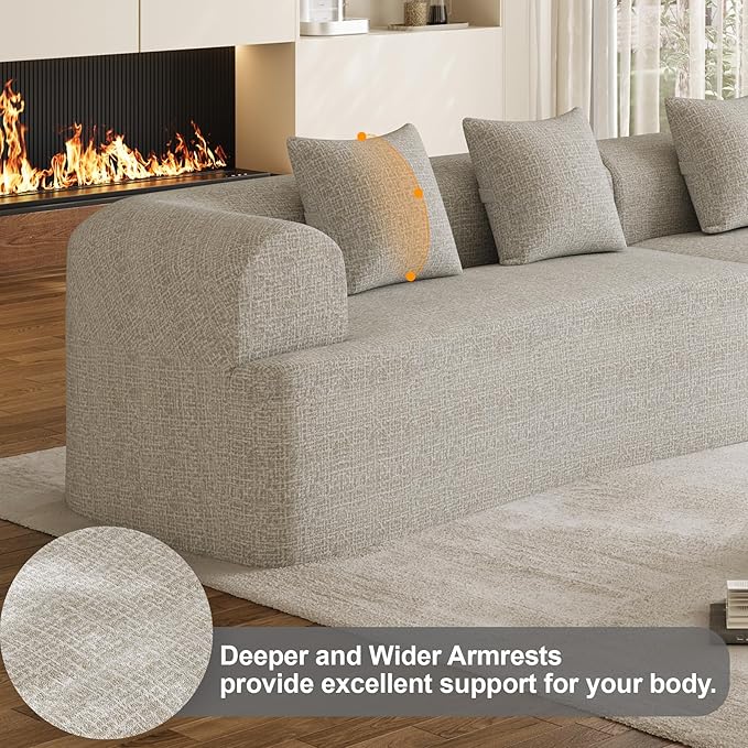 147" Oversized Sectional Sofa for Living Room, Modern Luxury Plush Chenille 4-Seater Extra Deep & Wide Seat Curved Cloud Couch with 4 Throw Pillows, No Assembly Needed, Light Grey