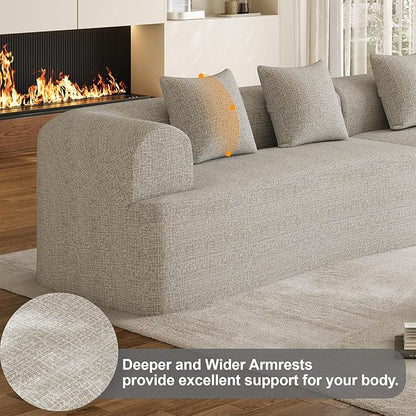 147" Oversized Sectional Sofa for Living Room, Modern Luxury Plush Chenille 4-Seater Extra Deep & Wide Seat Curved Cloud Couch with 4 Throw Pillows, No Assembly Needed, Light Grey
