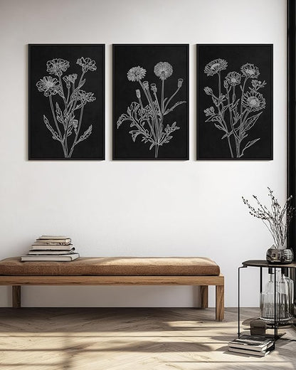 Drsoum Vintage Boho Botanical Flower Wall Art Framed Retro Floral Wall Prints Wildflower Neutral Rustic Bohemain Artwork Kitchen Bedroom Ready to Hang 24x36in Black Framed
