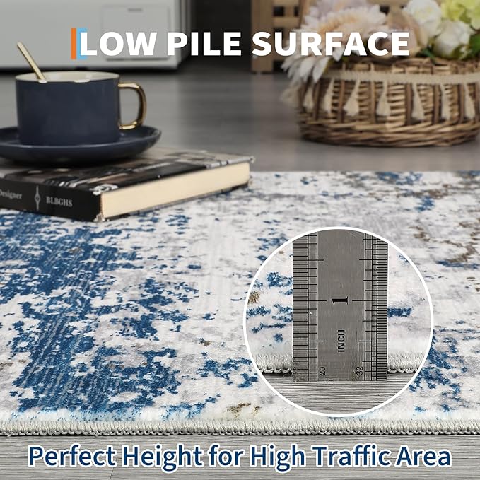 ROYHOME Modern Abstract 2x7 Runner Rug Washable Non Slip Stain Resistant Rug for Hallway Kitchen Bedroom Non Shedding Low Pile Indoor Floor Cover,Navy