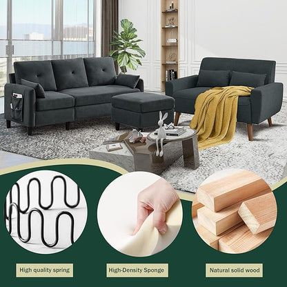 Convertible Sectional Couch Set, 77" L Shaped Sofa with Ottoman and 48" Loveseat, Modern Couches for Living Room, Apartment and Office, Dark Grey
