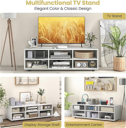 Tangkula White TV Stand for TV up to 55 Inch, TV Console Table with 6 Cubbies, 5 Positions Adjustable Shelves, Wood Media Entertainment Center for Living Room (Modern, 45", TVs up to 55")