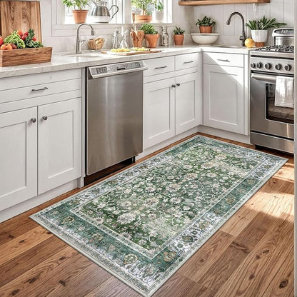 KUTA 3x5 Rugs for Entryway, Vintage Floral Area Rug Washable Non-Slip Green Ultra Thin Soft Printed Distressed Entry Low-Pile Throw Carpet for Bedroom Nursery Living Room