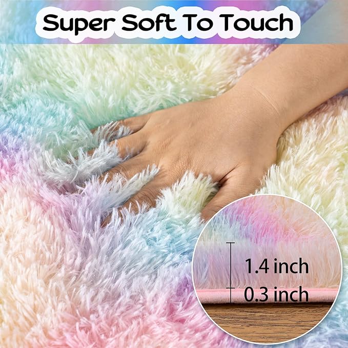 qulint 3x5 Area Rug for Bedroom, Fluffy Soft Nursery Rug for Girls Small Fuzzy Plush Colorful Rugs, Shaggy Carpet for Kids Room Dorm Living Room Home Decor (3ft x 5ft, Rainbow)