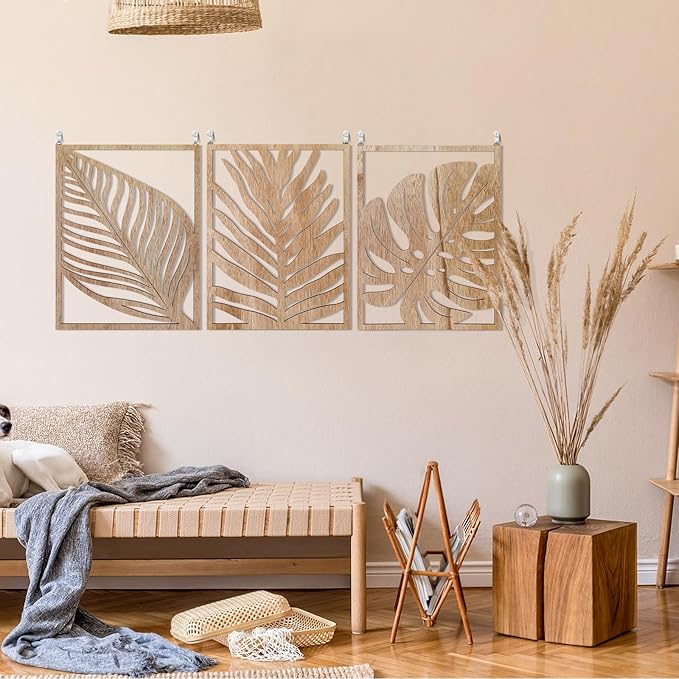 3PCS Tropical Wall Art, Wall Art Decor Leaf Sign Wall Vintage Tropical Plant Wall Rustic Palm Leaf, Modern Wooden Wall Sculptures for for Living room, Bedroom, Office, Wood Decor Accents, Home Decorations(16.5x 12.6x0.2in)
