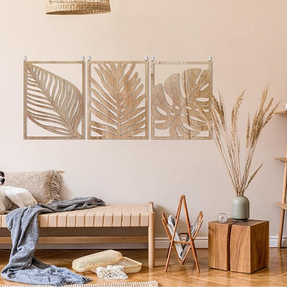 3PCS Tropical Wall Art, Wall Art Decor Leaf Sign Wall Vintage Tropical Plant Wall Rustic Palm Leaf, Modern Wooden Wall Sculptures for for Living room, Bedroom, Office, Wood Decor Accents, Home Decorations(16.5x 12.6x0.2in)