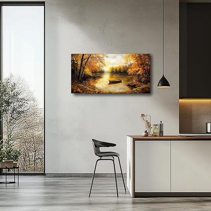 SERIMINO Fall Wall Art, Landscape Wall Art, Large Wall Decor, Lake Boat Forest Canvas Art Prints, Gold Autumn Nature Pictures, Rustic Paintings for Living Room Bedroom Dining Room Office Farmhouse 24"X48"