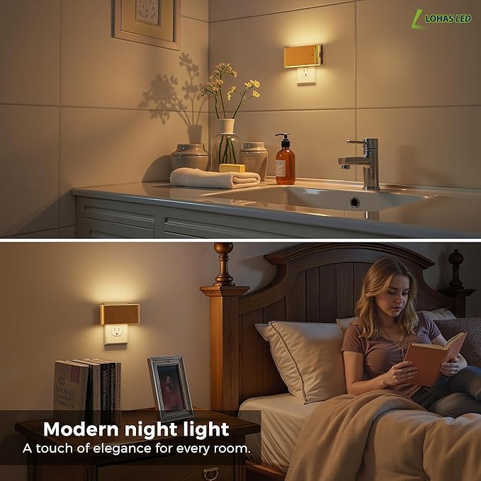 L LOHAS LED Night Light, 2 Pack Dimmable Modern LED Night Lights Plug into Wall,Dusk to Dawn Sensor Night Lights for Kid, 0-100LM 3000K Soft White Nightlight for Hallway Bedroom Stairway(Gold)
